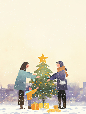 JPG 나무 행복 별 어린이 크리스마스 겨울 일러스트 가족 모션 대화 선물 장식 빛 크리스마스트리 축제 분위기 소원 순간 연말 국내일러스트 자연요소 식물 계절 기념일 감정 컨셉 관계 말하기 사람 파일형식