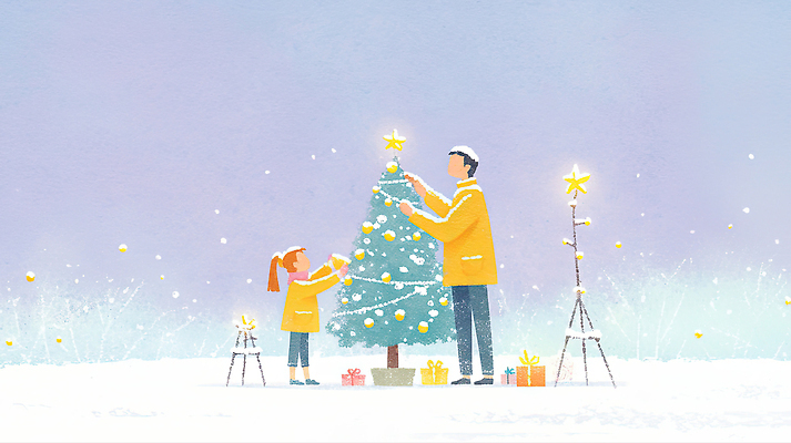 JPG 나무 딸 행복 별 크리스마스 겨울 일러스트 가족 함께함 선물 사랑 장식 크리스마스트리 아빠 순간 국내일러스트 자연요소 식물 계절 기념일 감정 컨셉 관계 파일형식