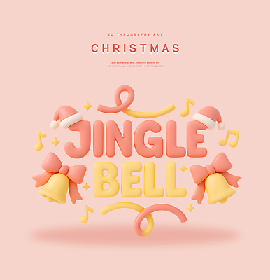 PSD 편집이미지 문자 디자인 리본 음악 분홍색 백그라운드 크리스마스 겨울 산타모자 타이포그라피 장식 3D 축제 종 그림 편집3D 모자_잡화 계절 기념일 컬러 문화예술 디지털합성 파일형식