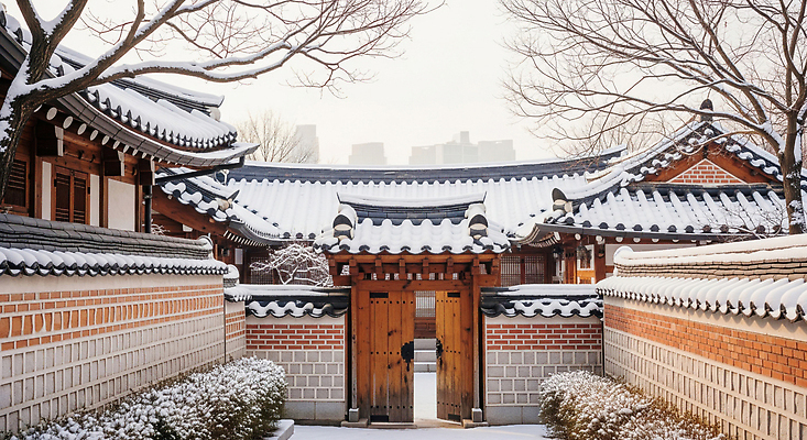 JPG 편집이미지 전통 건축물 문화 설경 겨울 한옥 한국 풍경 문 마을 고요 한옥마을 편집실사 한국전통 계절 건축 아시아 고건축 CG 파일형식