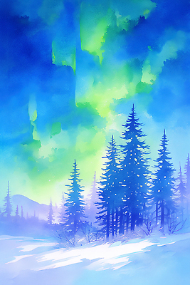 JPG 예술 겨울 일러스트 자연 밤하늘 하늘 산 미술 풍경 파란색 빛 평화 소나무 차가움 숲 신비 땅 그림 오로라 밝은색 수목 국내일러스트 AI일러스트 AI콘텐츠 나무 계절 컬러 컨셉 자연현상 문화예술 야간 생태계 파일형식