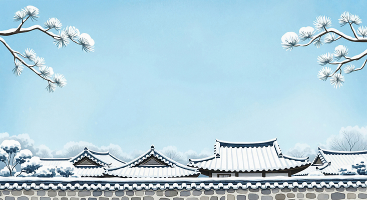 JPG 나무 전통 건축 설경 겨울 일러스트 자연 지붕 한옥 한국 눈꽃 풍경 고가 평화 고요 흰색 뷰티풀 풍요 국내일러스트 식물 한국전통 계절 아시아 컬러 컨셉 고건축 눈_날씨 생태계 파일형식