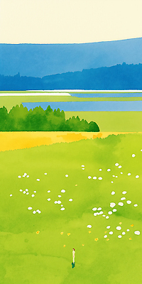 JPG 꽃 컬러 일러스트 자연 하늘 산 사람 풍경 초원 초록색 햇빛 평화 고요 봄 공간 시원함 그림 조화 뷰티풀 국내일러스트 AI일러스트 AI콘텐츠 식물 계절 컨셉 태양 생태계 파일형식