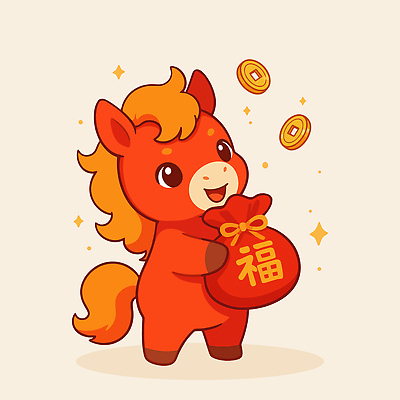 캐릭터 디자인 명절 행복 어린이 상징 돈 일러스트 귀여움 동전 축제 중국 말_게임 행운 주머니 즐거움 기분전환 2026년 일러캐릭터 병오년 붉은말 붉은말캐릭터 AI파일 전통 기념일 감정 아시아 컨셉 사람 말_동물 재산 연도 말캐릭터 파일형식 벡터