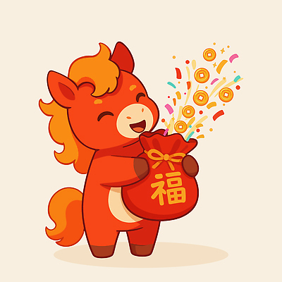 동물 캐릭터 전통 행복 컬러 돈 일러스트 복주머니 장식 귀여움 축제 기쁨 말_게임 축복 즐거움 금화 민속 소원 생동감 2026년 일러캐릭터 병오년 붉은말 붉은말캐릭터 AI파일 감정 컨셉 전통소품 말_동물 재산 황금 연도 말캐릭터 파일형식 벡터