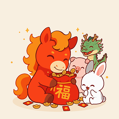 동물 전통 기념일 행복 일러스트 가족 새해 웃음 빨간색 동전 희망 용 축하 토끼 말_게임 돼지 색칠 행운 즐거움 2026년 일러캐릭터 병오년 붉은말 붉은말캐릭터 AI파일 캐릭터 감정 컬러 컨셉 돈 포유류 관계 표정 이벤트 반려동물 말_동물 연도 말캐릭터 파일형식 벡터