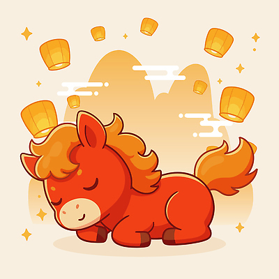 동물 어린이 일러스트 하늘 동화 평화 귀여움 꿈 금색 저녁 포근함 편안함 그림 2026년 일러캐릭터 병오년 붉은말 붉은말캐릭터 AI파일 캐릭터 컬러 컨셉 사람 말_동물 감각 야간 연도 말캐릭터 파일형식 벡터
