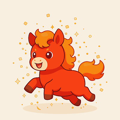 동물 캐릭터 디자인 행복 어린이 컬러 일러스트 놀이 웃음 풍경 장식 반짝임 달리기 귀여움 주황색 표현 말_게임 즐거움 위로 2026년 일러캐릭터 병오년 붉은말 붉은말캐릭터 AI파일 감정 컨셉 모션 표정 사람 말_동물 연도 말캐릭터 파일형식 벡터