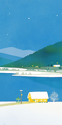 JPG 별 호수 설경 겨울 야경 일러스트 자연 하늘 산 주택 풍경 반짝임 반사 노란색 평화 고요 일몰 쌓인눈 국내일러스트 자연요소 계절 컬러 컨셉 모션 건물 노을 야간 생태계 파일형식 풍경_경치