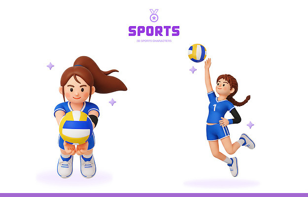 PSD 편집이미지 캐릭터 스포츠 유니폼 공 협력 3D캐릭터 소녀 경기 운동 점프 배구 연습 장면 활기 편집3D 옷 여자 어린이 컨셉 모션 건강 3D 구기 파일형식