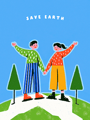 PSD 나무 행복 지구 예술 일러스트 자연 날씨 산 웃음 초록색 파란색 친구 환경 손잡기 메시지 보호 공동체 국내일러스트 식물 감정 컬러 컨셉 관계 모션 표정 생태계 파일형식