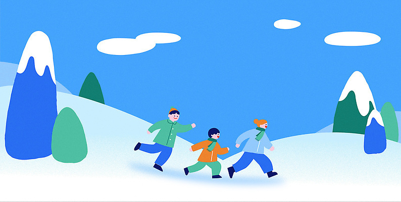컬러 겨울 일러스트 가족 모션 자연 하늘 산 풍경 초록색 파란색 친구 달리기 흰색 즐거움 놀기 국내일러스트 AI파일 계절 감정 관계 생태계 파일형식 벡터