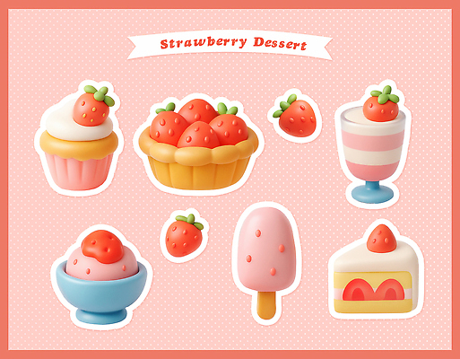 PSD 편집이미지 디자인 컬러 패턴 과일 딸기 아이스크림 디저트 여름 케이크 달콤 컵케이크 조화 타르트 편집3D 계절 음식 빵 무늬 3D 맛 파이_빵 파일형식
