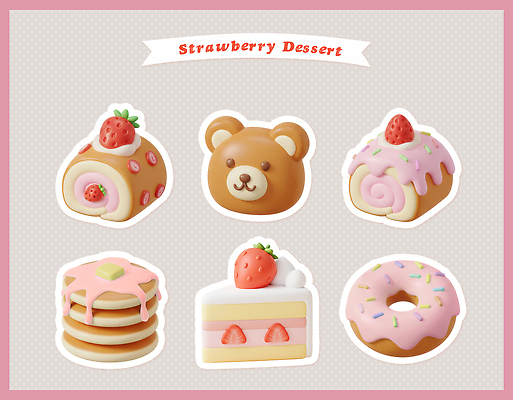 PSD 편집이미지 음식 과일 딸기 디저트 과자 귀여움 케이크 곰인형 도넛 설탕 크림 제빵 팬케이크 롤케이크 색감 편집3D 인형 컨셉 3D 제과제빵 파일형식