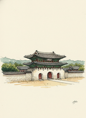 JPG 나무 건축물 여유 예술 여행 고건축 일러스트 수채화 서울 한국 풍경 정원 궁전 문화재 역사 조선소 그림 경복궁 정문 국내일러스트 식물 건축 감정 산업 아시아 문 파일형식