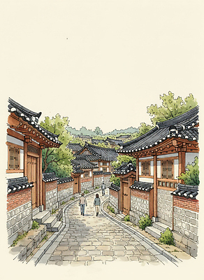 JPG 전통 건축 문화 길 여유 여행 일러스트 자연 한옥 한국 두명 마을 정원 고요 산책 역사 골목길 돌길 오후 탐방 국내일러스트 한국전통 감정 아시아 고건축 휴식 사람 생태계 파일형식