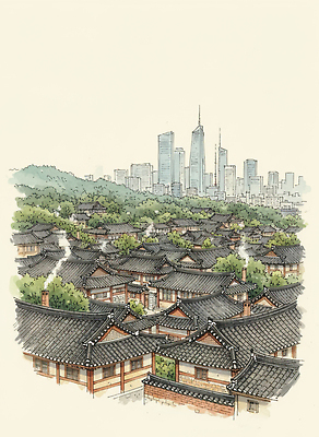 JPG 전통 건축 문화 예술 일러스트 자연 아침 거리 한옥 서울 풍경 건물 생활 마을 고층빌딩 도시 역사 조화 국내일러스트 주간 한국전통 건축물 고건축 한국 빌딩 생태계 파일형식