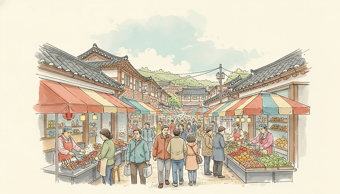 JPG 문화 음식 여행 채소 과일 일러스트 거리 풍경 여러명 쇼핑 판매 상점 활발 모임 구매 상인 지역 소통 오후 전통시장 국내일러스트 전통 다수 컨셉 사람 시장 파일형식
