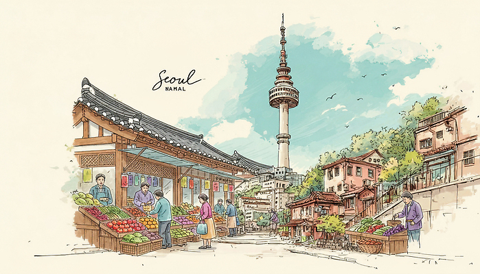 JPG 문화 여행 채소 과일 일러스트 모션 서울 풍경 여러명 야외 관광지 상점 역사 구매 상인 그림 남산타워 오후 전통시장 지역사회 국내일러스트 전통 다수 한국 사람 쇼핑 시장 남산 파일형식