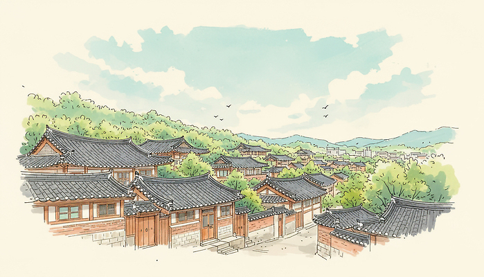 JPG 나무 전통 건축 감정 문화 여행 일러스트 자연 한옥 한국 기와 풍경 일상 평화 마을 고요 도시 조화 뷰티풀 국내일러스트 식물 한국전통 아시아 컨셉 고건축 라이프 생태계 파일형식