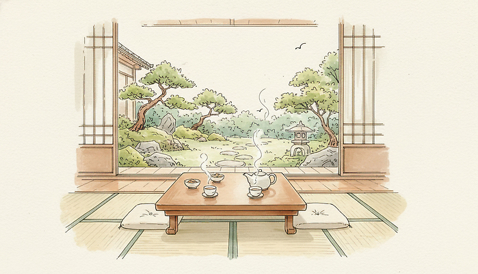 JPG 나무 전통 일러스트 자연 탁자 주전자 휴식 풍경 평화 정원 공간 도자기 편안함 다기 오브젝트 조용 소음 오후 국내일러스트 식물 가구 컨셉 주방용품 소리 감각 다도 생태계 파일형식