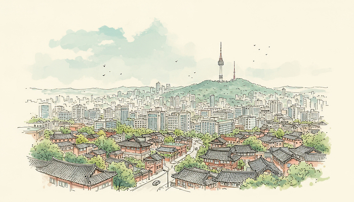 JPG 전통 문화 여행 일러스트 자연 하늘 거리 한옥 서울 한국 풍경 잔디 건물 일상 고층빌딩 도시 조화 남산타워 국내일러스트 식물 한국전통 건축물 아시아 고건축 빌딩 라이프 생태계 남산 파일형식