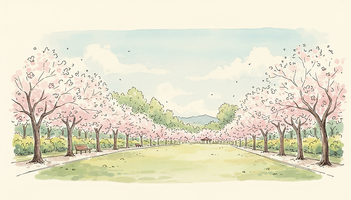 JPG 나무 공원 꽃잎 꽃 여유 컬러 벤치 일러스트 자연 풍경 잔디 여러명 평화 봄 산책 산책로 벚꽃 국내일러스트 식물 계절 공공시설 감정 길 다수 컨셉 의자 휴식 사람 생태계 파일형식