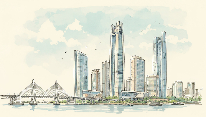 JPG 나무 건축물 여행 일러스트 비즈니스 자연 하늘 거리 풍경 강 도시풍경 고층빌딩 도시 강가 모던 조화 부산 스카이라인 국내일러스트 식물 건축 한국 빌딩 생태계 파일형식