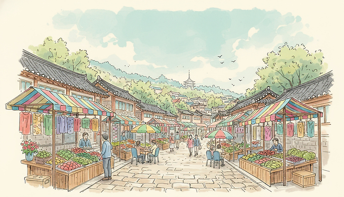 JPG 외관 문화 음식 과일 일러스트 하늘 풍경 여러명 농작물 판매 스탠드 신선 시장 상품 상인 고객 구경 활기 전통시장 지역사회 국내일러스트 전통 다수 컨셉 농업 조명 사람 파일형식