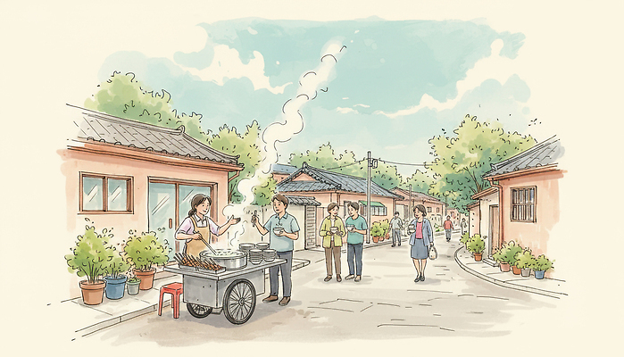 JPG 전통 음식 일러스트 거리 한국 대화 요리 여러명 야외 판매 상점 식사 분위기 골목길 저녁 즐거움 지역 소통 천천히 포장마차 국내일러스트 감정 아시아 길 다수 컨셉 모션 말하기 사람 식당 야간 파일형식