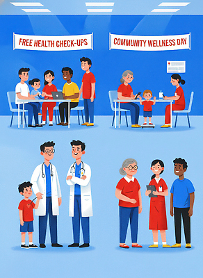 JPG 어린이 일러스트 가족 모션 협력 건강 이벤트 성인 의사 상담 예방 커뮤니티 건강검진 소통 무료 참여 지역사회 국내일러스트 컨셉 관계 사람 의료진 검사_조사 파일형식