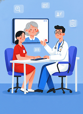JPG 일러스트 통신 의학 건강 병원 대화 치료 컴퓨터 청결 진료 환자 간호사 의료진 의사 전문직 서비스 상담 원격의료 국내일러스트 직업 말하기 전자제품 위생 원격 파일형식