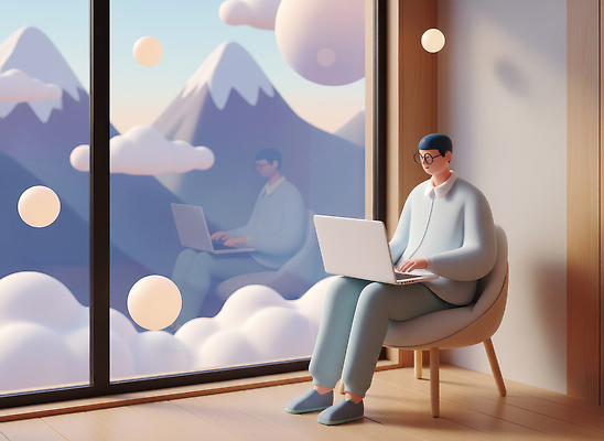JPG 편집이미지 남자 하늘 산 풍경 노트북 인테리어 디지털 공간 작업 편안함 집중 창가 디지털노마드 편집3D 디자인 컨셉 창문 정보기술 사람 전자제품 3D 감각 파일형식