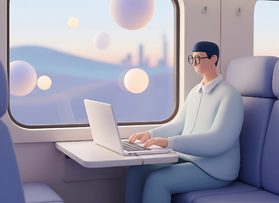 JPG 편집이미지 남자 여행 창문 하늘 아침 풍경 노트북 반짝임 모형 기차 작업 구슬 창가 디지털노마드 편집3D 주간 육상교통 모션 대중교통 정보기술 사람 전자제품 3D 파일형식