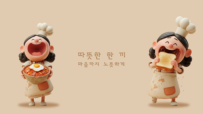 PSD 편집이미지 행복 음식 빵 재료 3D캐릭터 따뜻함 사랑 요리 웃음 주방 요리사 체험 즐거움 비빔밥 토스트 김치볶음밥 순간 편집3D 직업 캐릭터 감정 한식 컨셉 표정 3D 볶음밥 파일형식