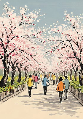 JPG 나무 공원 꽃잎 길 여유 일러스트 자연 거리 풍경 소풍 평화 봄 산책 벚꽃 절기 즐거움 꽃길 나무그늘 밝은색 뷰티풀 국내일러스트 식물 계절 공공시설 꽃 감정 컨셉 휴식 야외활동 그늘 생태계 파일형식