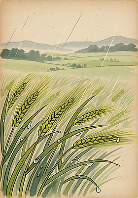 JPG 전통 계절 농업 일러스트 자연 생명 산 풍경 초원 파란색 농작물 농경지 수확 성장 물방울 밀 절기 수분_꽃가루 국내일러스트 산업 컬러 곡류 농장 생태계 파일형식