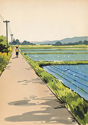 JPG 길 여유 일러스트 자연 하늘 논 사람 풍경 초원 파란색 햇빛 걷기 농사 들꽃 수확 농촌 시골 저녁 절기 그림 논길 국내일러스트 계절 꽃 감정 컬러 농업 모션 태양 야간 생태계 파일형식