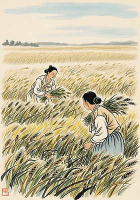 JPG 전통 여자 문화 농업 일러스트 자연 하늘 바람 한국 사람 풍경 초원 농사 소리 수확 벼 작업 전통의상 절기 국내일러스트 자연요소 계절 산업 아시아 날씨 곡류 생태계 파일형식