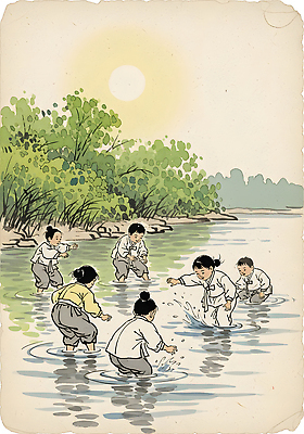 JPG 어린이 예술 일러스트 장난 모션 자연 물놀이 놀이 대화 웃음 물 여름 청춘 햇빛 환경 자유 강가 절기 즐거움 자연과학 국내일러스트 자연요소 계절 감정 과학 컨셉 표정 말하기 사람 강 태양 생태계 파일형식