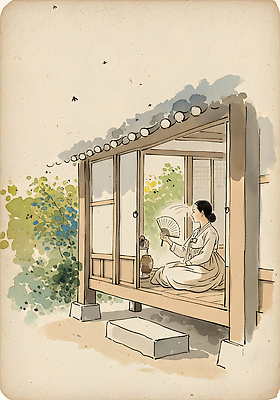 JPG 한국문화 전통 여자 화초 고건축 일러스트 자연 휴식 한옥 풍경 생활 여름 평화 정원 선풍기 편안함 전통의상 절기 복고 조용 옛날 국내일러스트 식물 동양문화 한국전통 건축물 계절 컨셉 한국 사람 가전제품 감각 생태계 파일형식