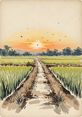 JPG 나무 길 일러스트 자연 조류 하늘 논 풍경 초원 초록색 태양 평화 일몰 농촌 시골 저녁 오솔길 절기 색감 국내일러스트 자연요소 식물 동물 계절 컬러 컨셉 농업 노을 야간 생태계 파일형식