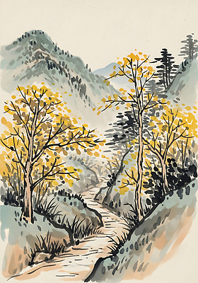 JPG 나무 식물 계절 예술 단풍 일러스트 자연 하늘 생명 나뭇잎 산 풍경 물 노란색 계곡 개울 절기 조용 뷰티풀 국내일러스트 자연요소 컬러 잎 강 생태계 파일형식