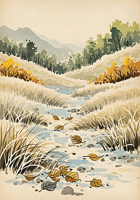 JPG 컬러 잎 일러스트 자연 산 풍경 물 파란색 노란색 평화 소리 흐름 시골 강가 절기 생태계 조화 뷰티풀 차분 국내일러스트 자연요소 식물 계절 컨셉 강 파일형식