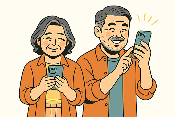부부 행복 여유 일러스트 관계 기술 대화 웃음 생활 스마트폰 스크린 기쁨 정보 시간 편안함 즐거움 소통 국내일러스트 AI파일 커플 감정 컨셉 표정 말하기 핸드폰 스마트기기 감각 파일형식 벡터