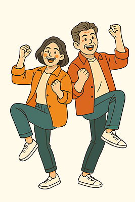 행복 감정 셔츠 일러스트 모션 함께함 표정 두명 주황색 활발 기쁨 에너지 자유 축하 표현 춤 즐거움 긍정 소통 연대 국내일러스트 AI파일 컬러 컨셉 상의 문화예술 사람 파일형식 벡터