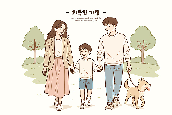 나무 공원 행복 여유 어린이 일러스트 가족 자연 함께함 웃음 일상 부모 걷기 손잡기 산책 산책로 개 강아지 즐거움 오후 국내일러스트 AI파일 식물 공공시설 감정 길 컨셉 포유류 관계 모션 휴식 표정 사람 라이프 반려동물 생태계 파일형식 벡터