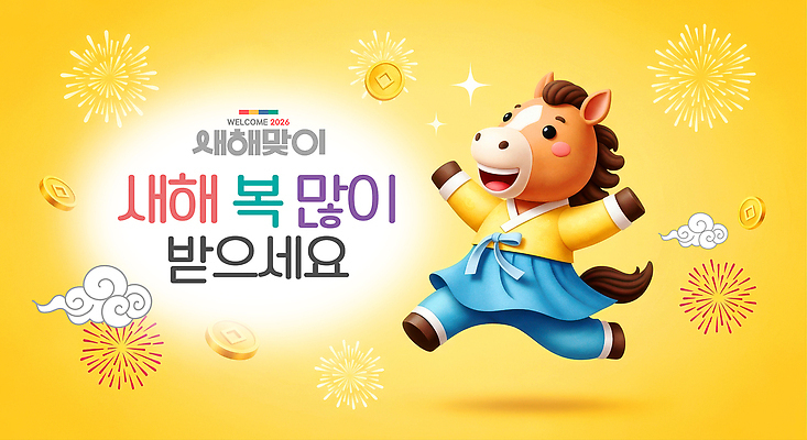 PSD 동물 편집이미지 캐릭터 전통 디자인 백그라운드 새해 이벤트 기쁨 금색 축하 인사 말_게임 한복 즐거움 2026년 이미지편집 병오년 한국전통 감정 컬러 컨셉 예절 전통의상 연도 파일형식