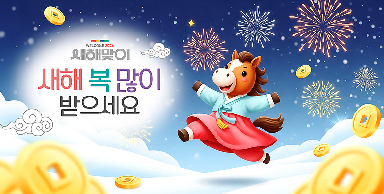 PSD 편집이미지 캐릭터 전통 디자인 컬러 새해 불꽃놀이 이벤트 축제 기쁨 말_게임 화려 한복 즐거움 2026년 이미지편집 병오년 한국전통 감정 컨셉 놀이 전통의상 연도 파일형식