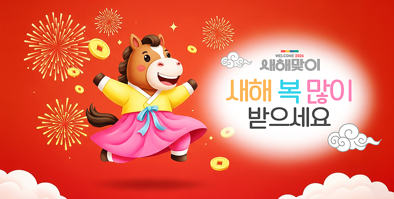 PSD 편집이미지 캐릭터 전통 디자인 문화 컬러 백그라운드 새해 이벤트 귀여움 축하 인사 말_게임 한복 2026년 이미지편집 병오년 한국전통 컨셉 예절 전통의상 연도 파일형식